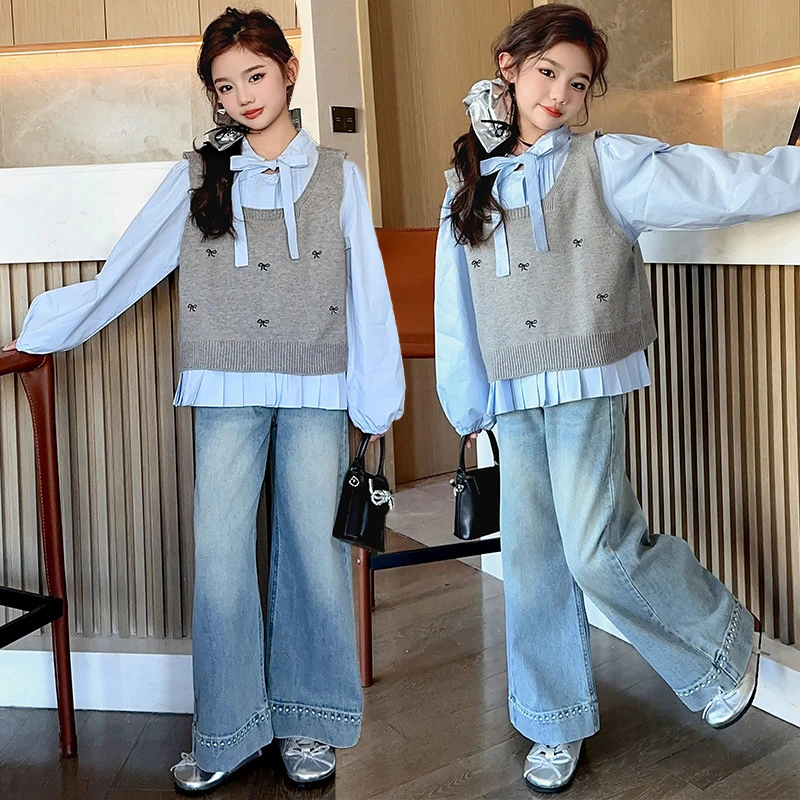 女童春装套装2025新款洋气大童衬衫背心马甲牛仔阔腿裤春季三件套