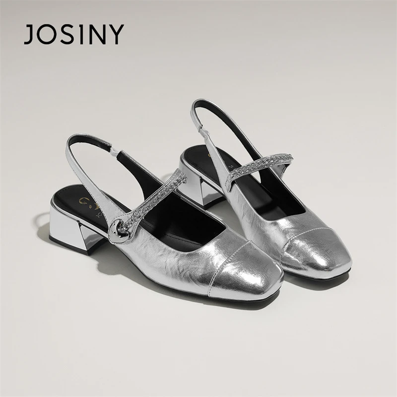卓诗尼银色包头凉鞋女2025夏季外穿新款粗跟一字带玛丽珍高跟单鞋