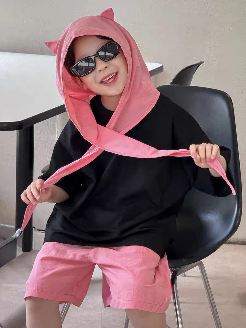 儿童套装2025夏季韩版新款男童披肩遮阳帽短袖短裤帅气潮酷三件套