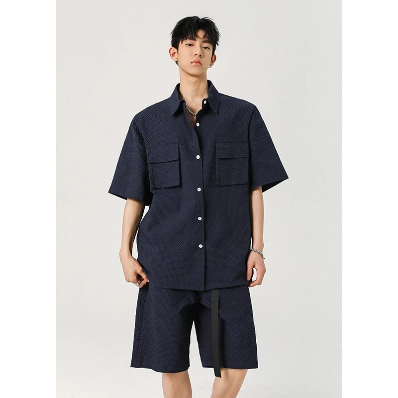 泡泡纱短袖半袖衬衫男一套搭配套装男夏季青少年休闲学生运动服T