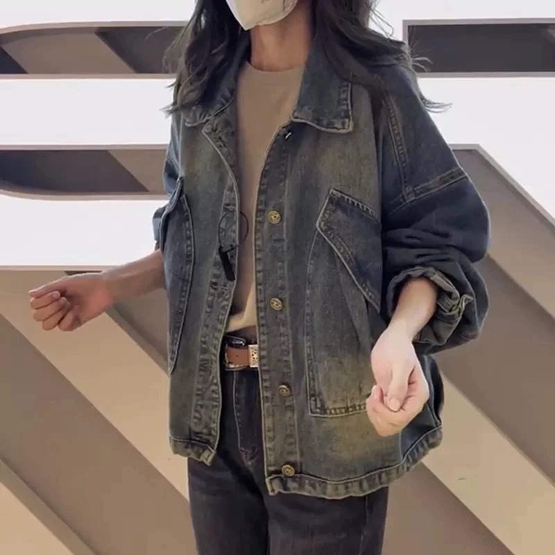 美式复古牛仔外套女春秋大码宽松百搭外套女款爆款2025新款上衣潮