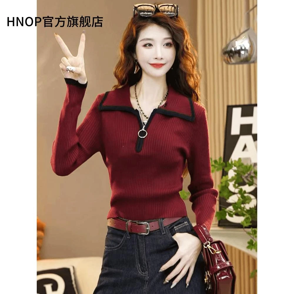 早春穿搭薄款翻领针织衫女2025新款春秋内搭长袖打底衫针织上衣女