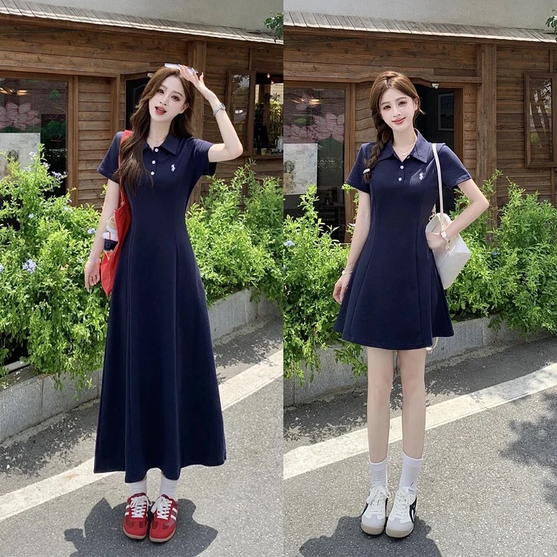 2#时尚减龄先手遮肉POLO领收腰中长款连衣裙 6082/6083