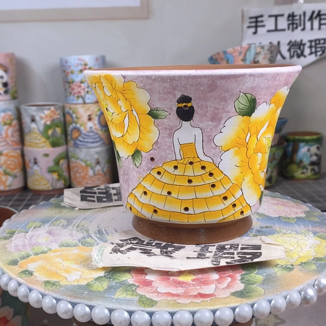 紫砂花盆红陶手绘花盆