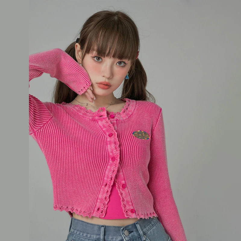 【陈嘉尔专属】CHUU贴布修身开衫上衣磨破辣妹显瘦短针织外套-Q