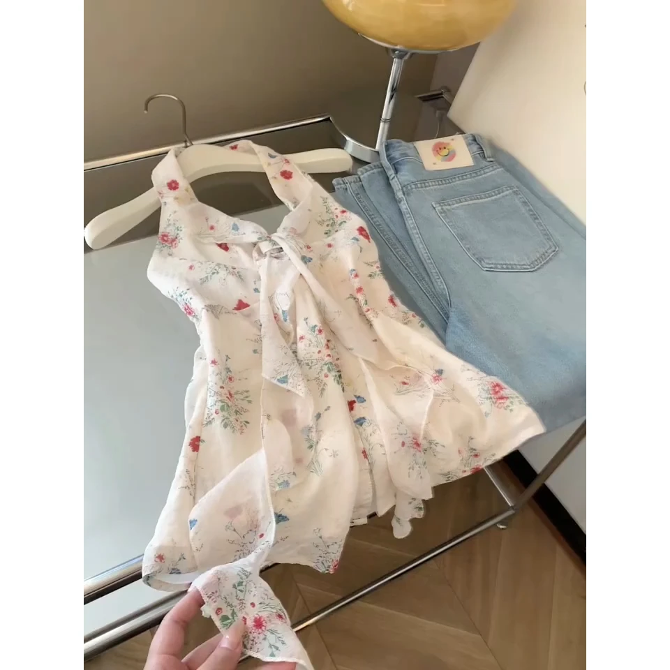 法式纯欲碎花挂脖吊带背心女夏季新款外穿甜辣修身露背无袖小上衣