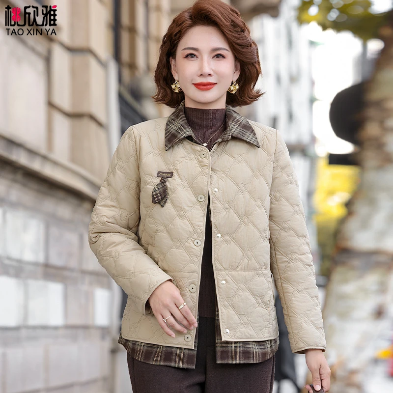 妈妈秋装夹棉外套洋气中老年女秋冬季轻薄羽绒棉服短款小棉袄50岁