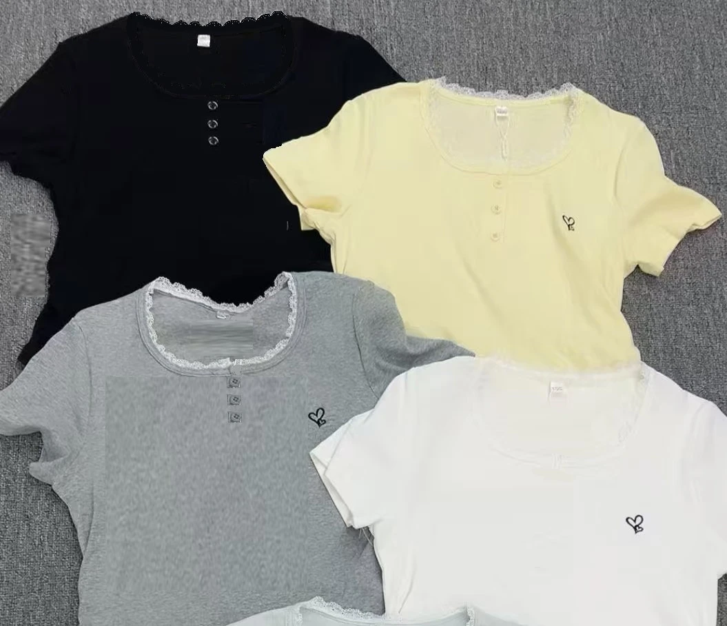 欧朵琦蕾丝领口刺绣短袖T恤夏季纯色休闲百搭