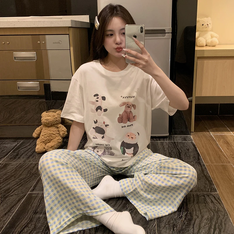 新款睡衣女短袖睡衣夏季薄款宽松女式纯棉睡衣大码夏季睡衣女卡通