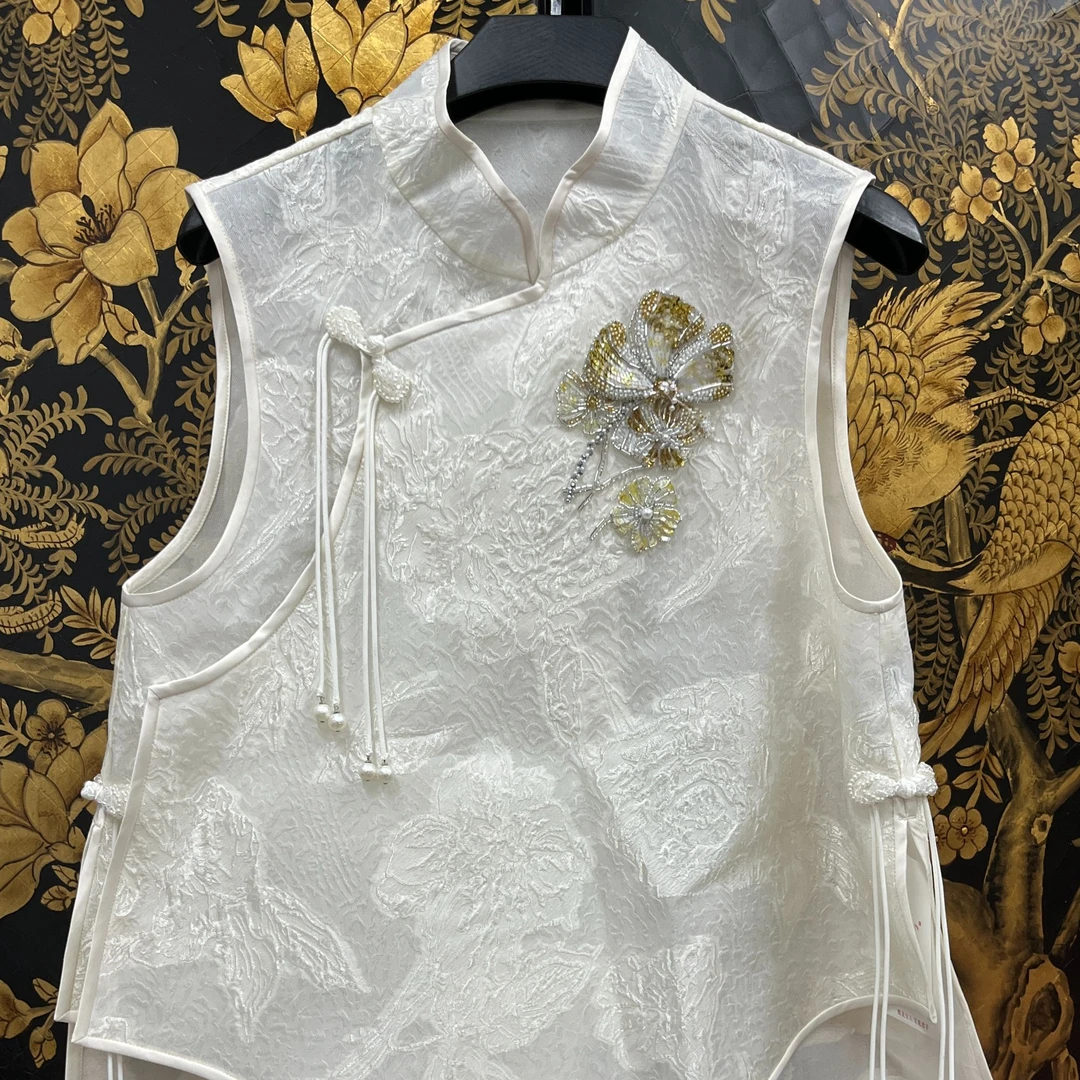 JUNYANG杨君 凝脂白雪中式立领斜襟马甲