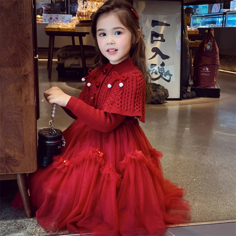米米哈罗女童连衣裙冬装儿童法式网纱公主裙洋气毛衣裙子 D250124