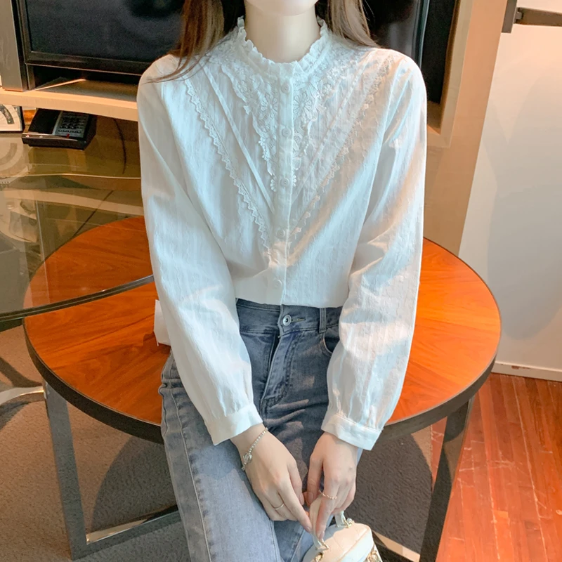 2025春秋款高档气质立领蕾丝花边长袖衬衫女外穿衬衣通勤职业女装