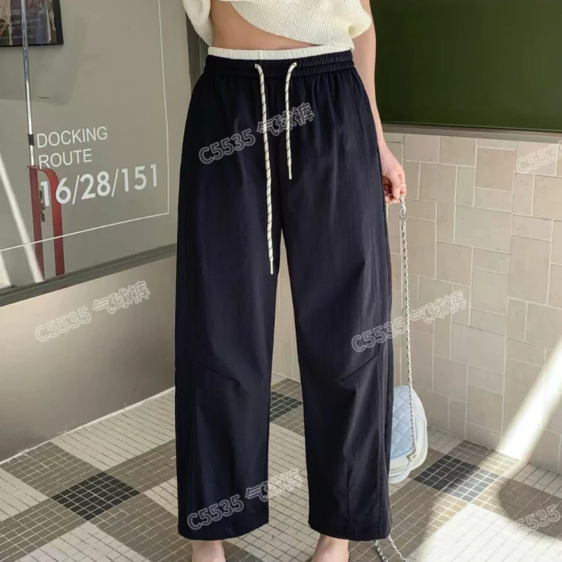 葭丽时尚抗皱拼色腰休闲裤夏季薄款速干九分显瘦气球裤抽绳百搭