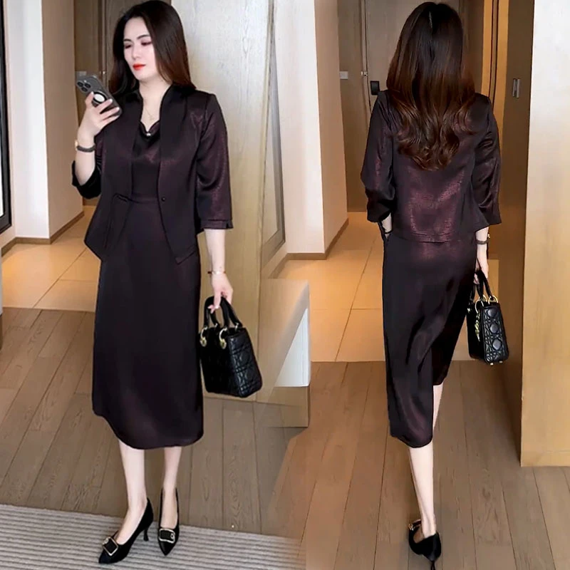 时尚连衣裙套装女2025夏季新款洋气显瘦短款外套中长款裙子两件套