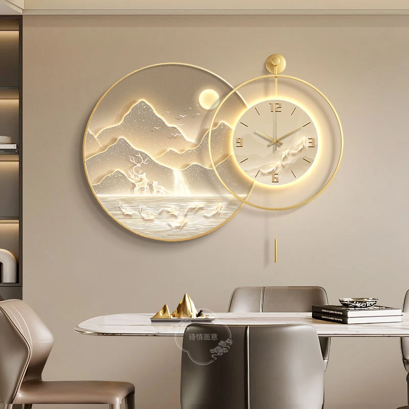 流水生财餐厅装饰画轻奢高档带钟表饭厅餐桌挂画大气山水客厅壁画