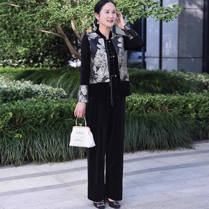 新中式国风妈妈秋装套装2025新款中老年人女装春秋马甲上衣两件套