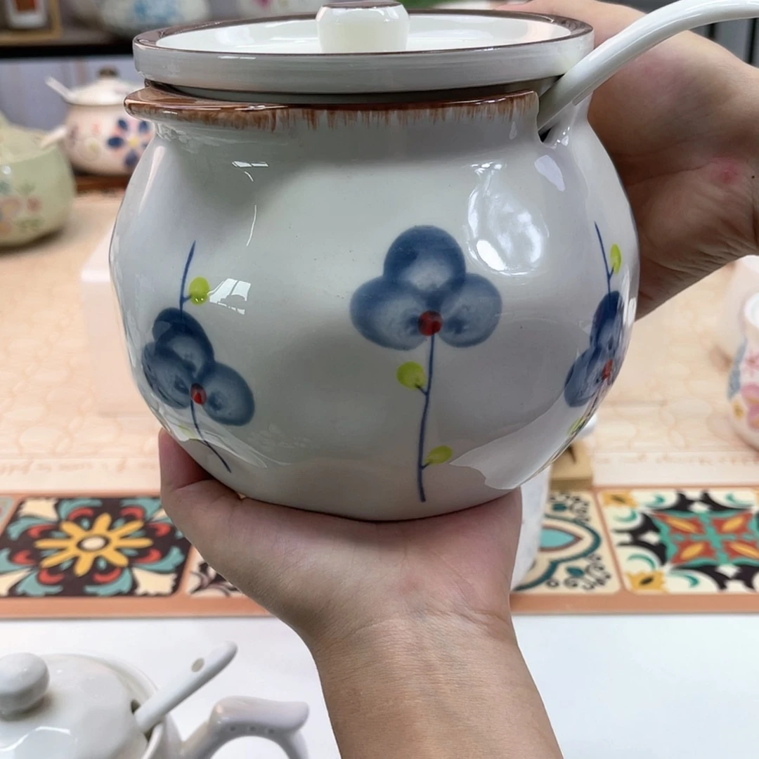【闪购商品】瓷2.4斤装手绘蓝花猪油罐 带勺