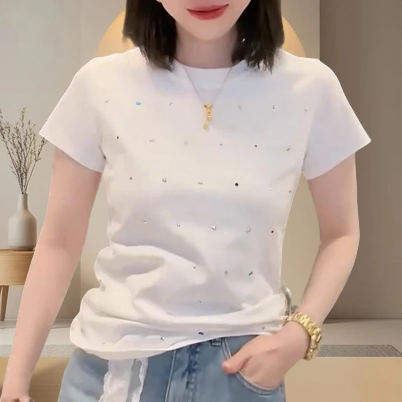 韩系烫钻圆领t恤女款短袖2025夏季新款设计感修身显瘦休闲上衣女
