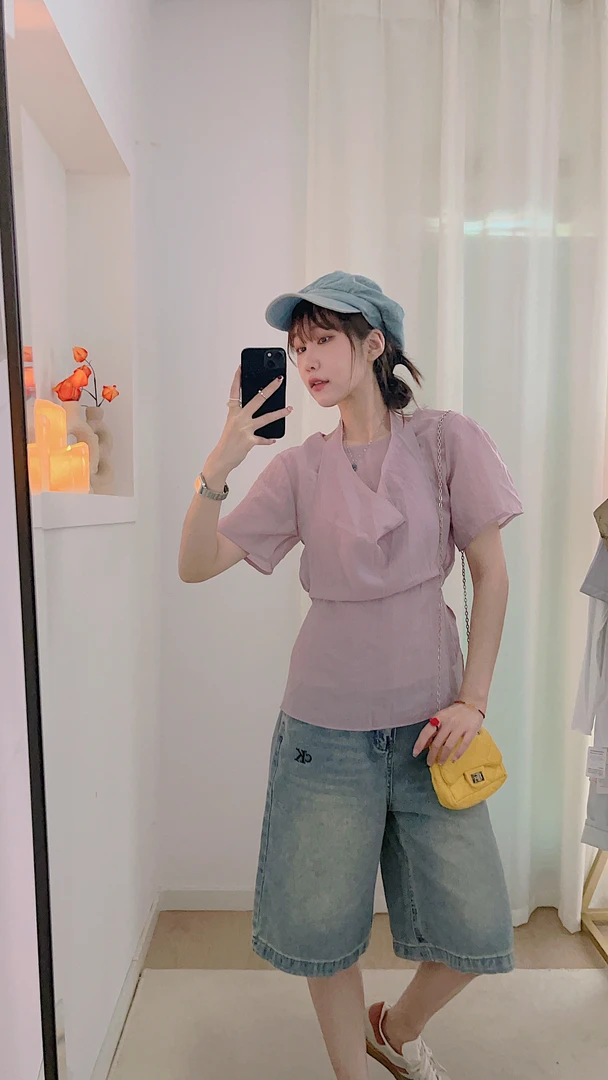 法式纱感挂脖衬衫两件套