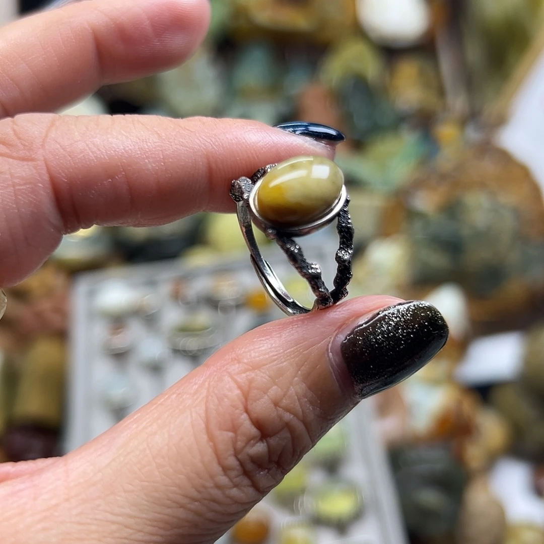 银S925镶嵌岫玉颈饰花玉球蓝戒指银