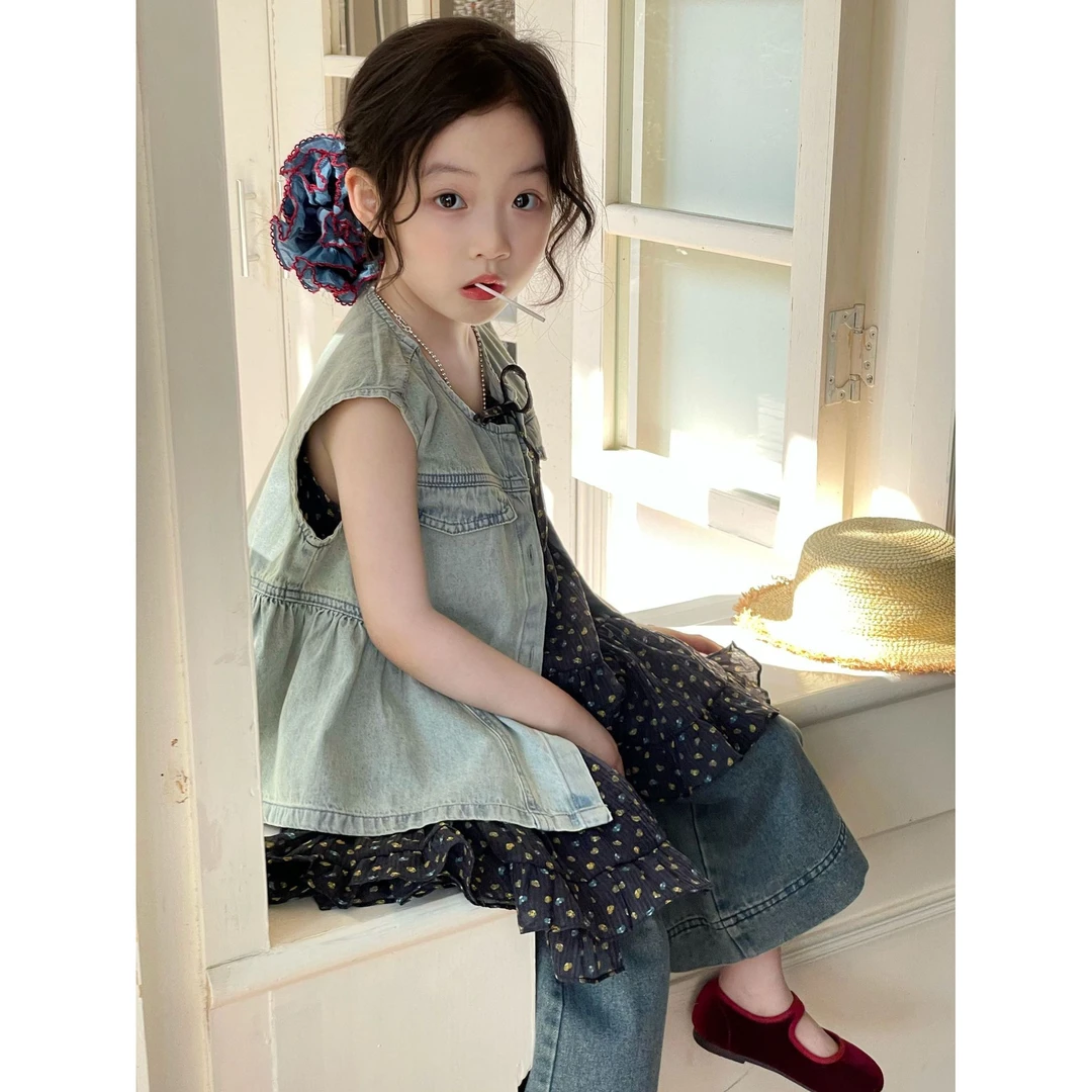 小粉象 ·夏季新款女童韩版碎花吊带裙复古牛仔裤百搭马甲套装