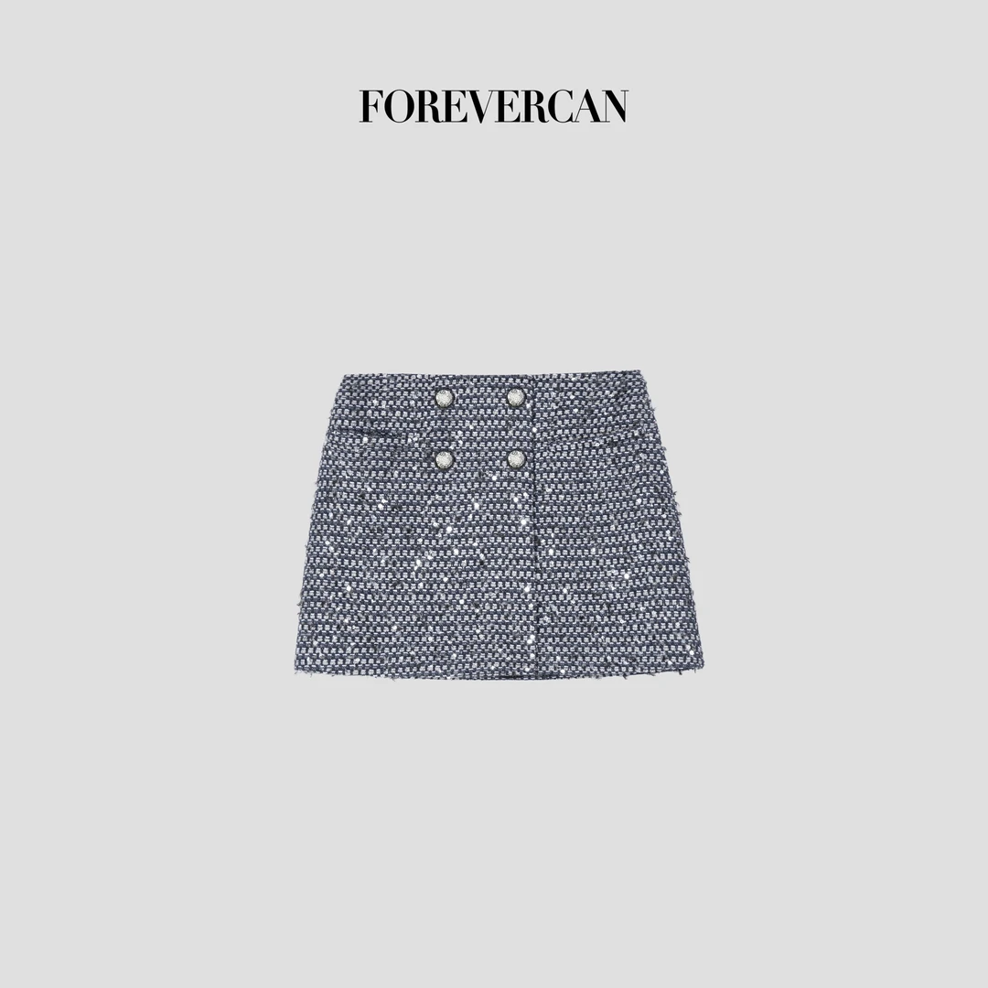 FOREVERCAN“银河”客订美丽诺羊毛花朵亮片粗花呢半身裙SD22741