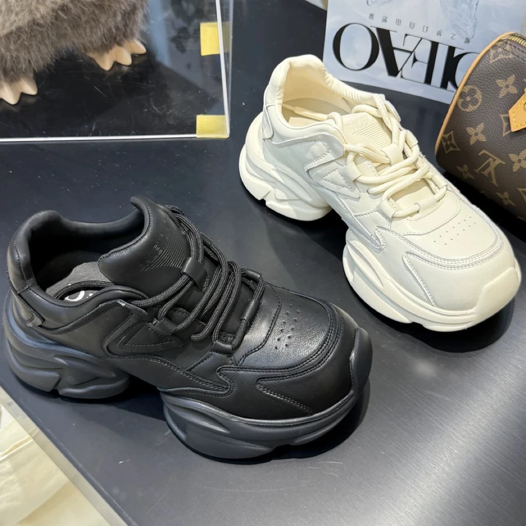 蝶澳~纯黑色休闲2025新款真皮厚底增高女百搭运动老爹鞋61D122