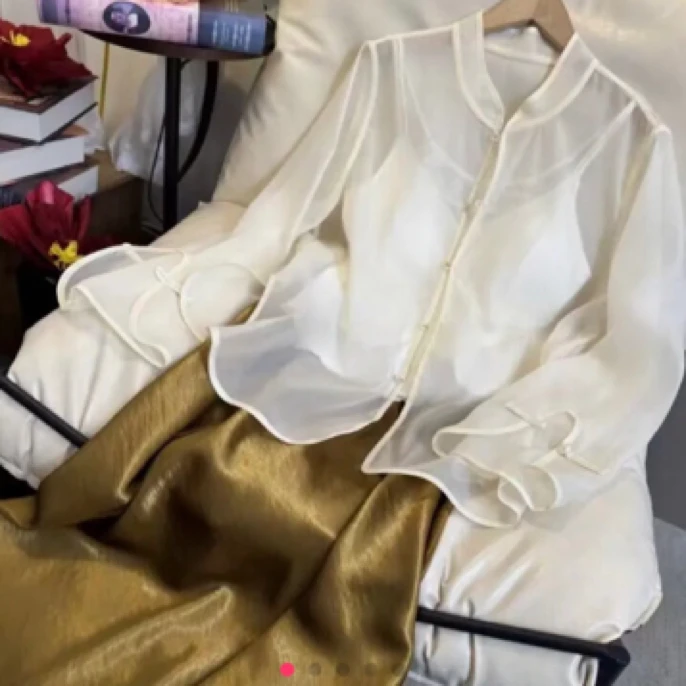 2129国潮中式复古纯色立领防晒网纱打底衫衬衫福缘