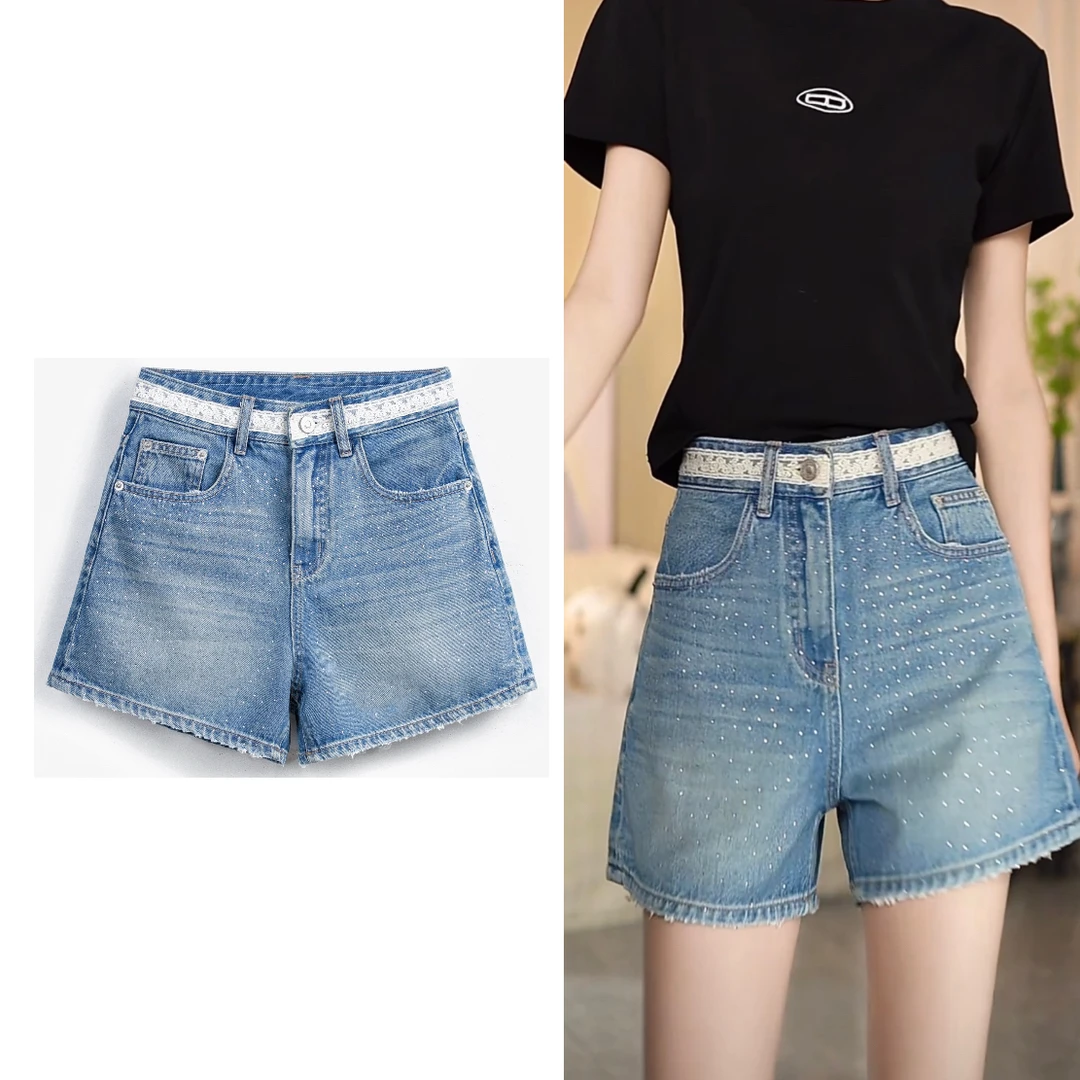 KK欧版 · 蓝水晶· 蕾丝水晶钻汉麻超薄三分A字版百搭牛仔短裤显瘦