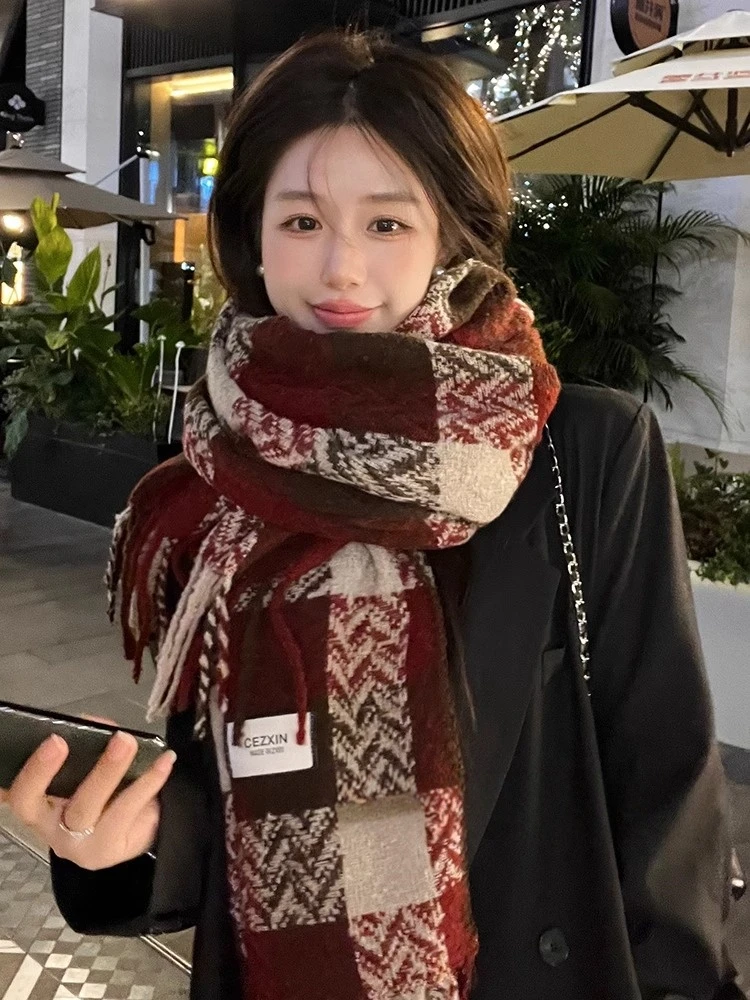 围巾女冬 百搭不掉色保暖通用韩版双面加厚长款针织格子ins围巾