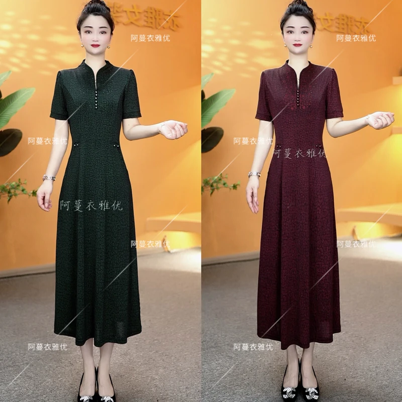 【衣雅严选】8088-1705#新款丝光弹力缎面龟裂纹烫钻新中式连衣裙