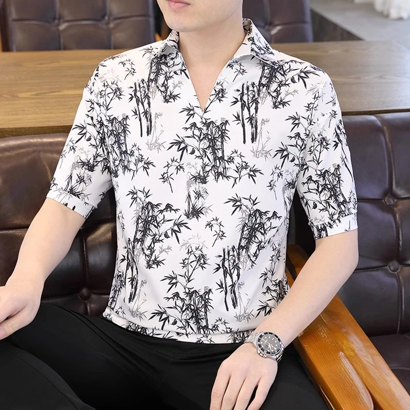 冰丝短袖t恤男士翻领2025夏季薄款国潮体恤痞帅潮牌V领半袖上衣男