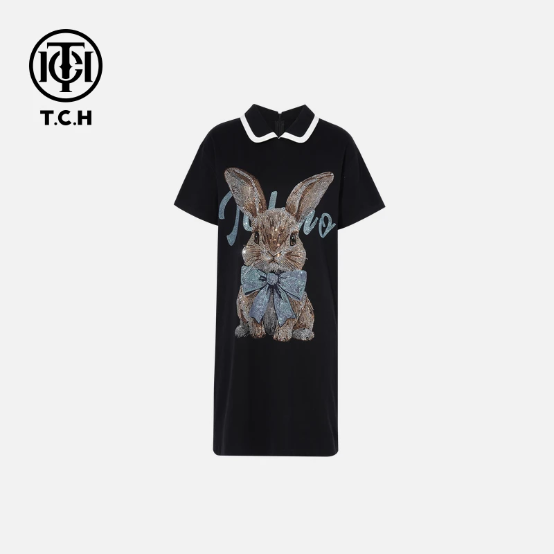 TCH轻奢烫钻工艺时尚百搭兔子短袖连衣裙女T75B30E1009tch
