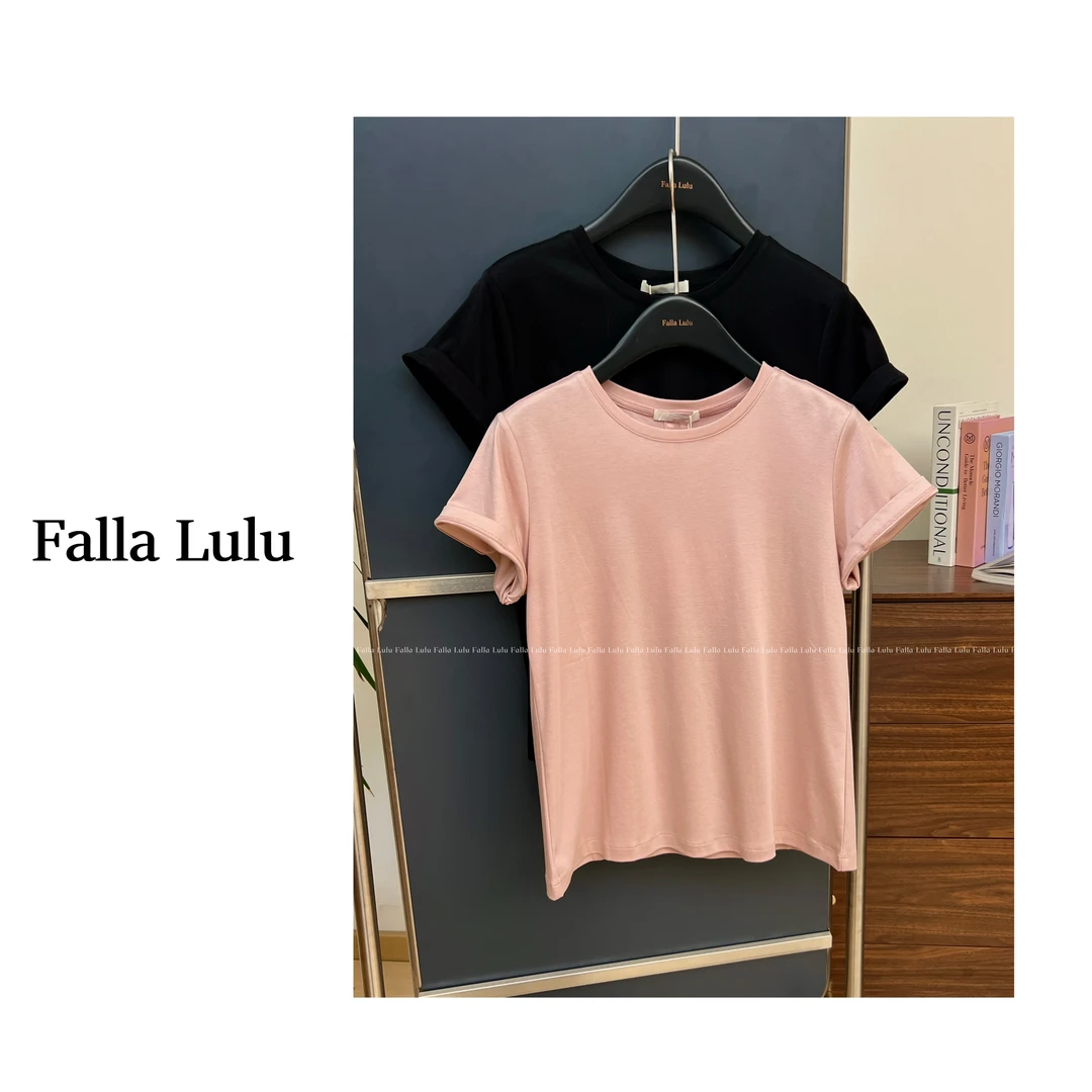 @英子家 柔软舒适, 纯色显瘦正肩圆领简约基础短袖T恤  A5513