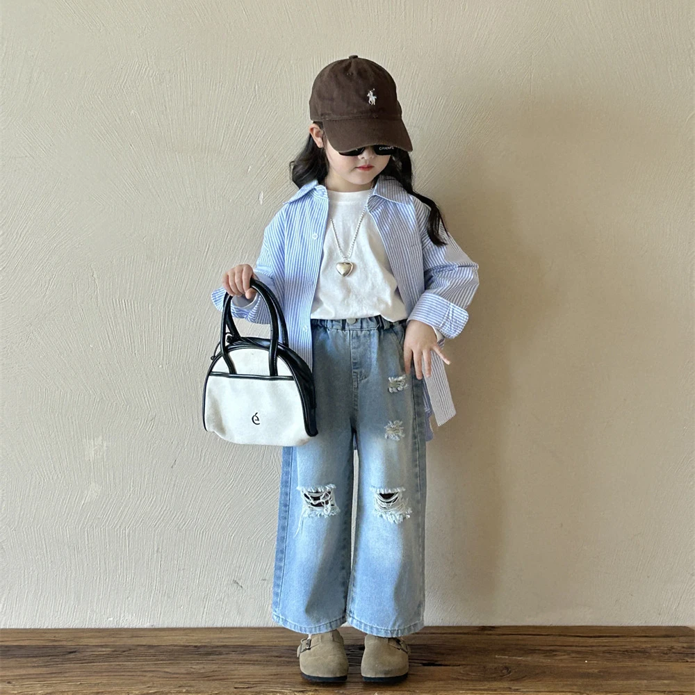 2025春季新款女童字母印花休闲衬衫宽松韩版儿童上衣破洞牛仔裤子