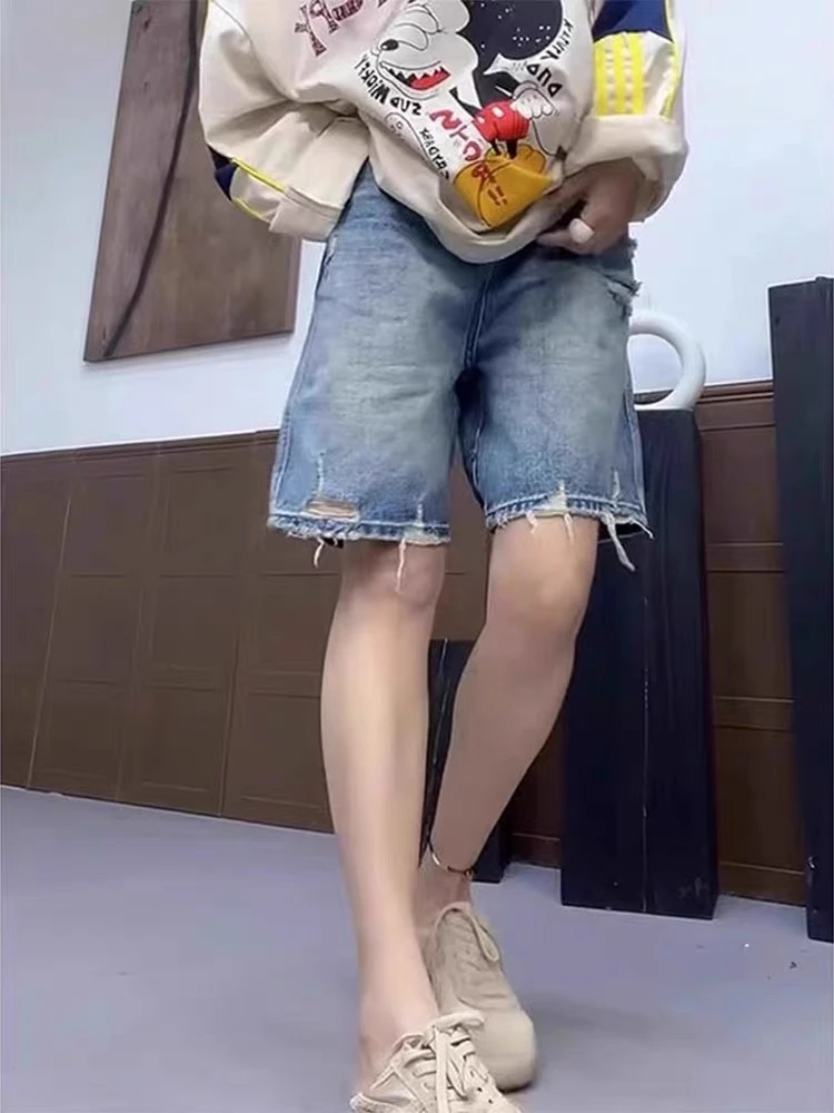高腰显瘦无弹直筒破洞牛仔短裤夏季新款百搭遮胯宽松五分阔腿裤