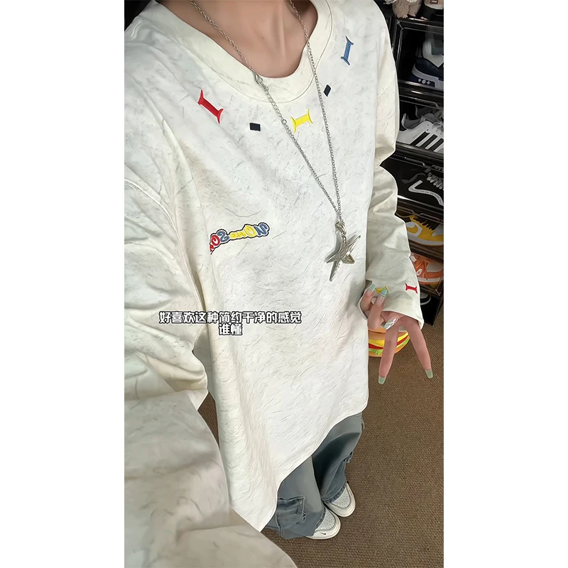 美式高街字母刺绣长袖t恤男秋季潮牌设计感圆领卫衣宽松情侣上衣