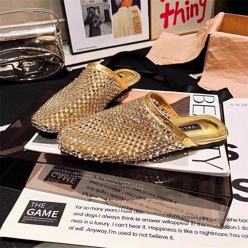 夏季ins超火水钻满钻金属渔网包头半拖鞋平底镂空凉托鞋尖头凉鞋