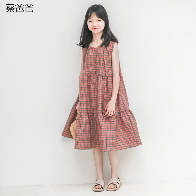 蔡爸爸童装女连衣裙新款夏季小个子女装全棉格子背心裙子大童258