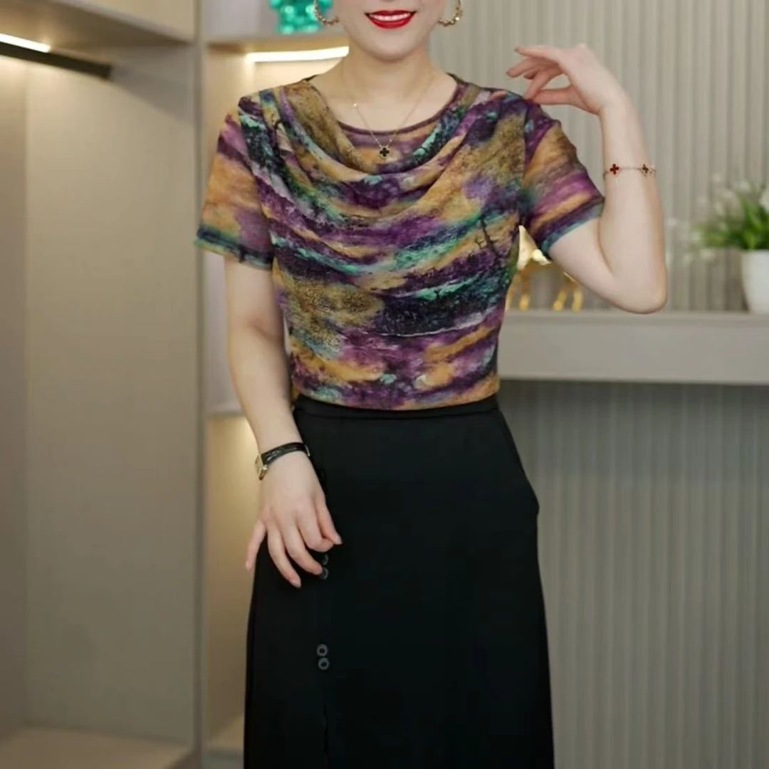 2025夏季新品时尚洋气彩虹印花显瘦上衣百搭气质堆堆领小衫