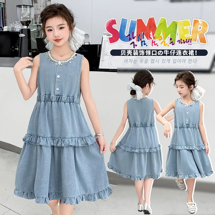 205新款木耳边牛仔连衣裙童装韩版无袖女童背心裙儿童牛仔长裙薄