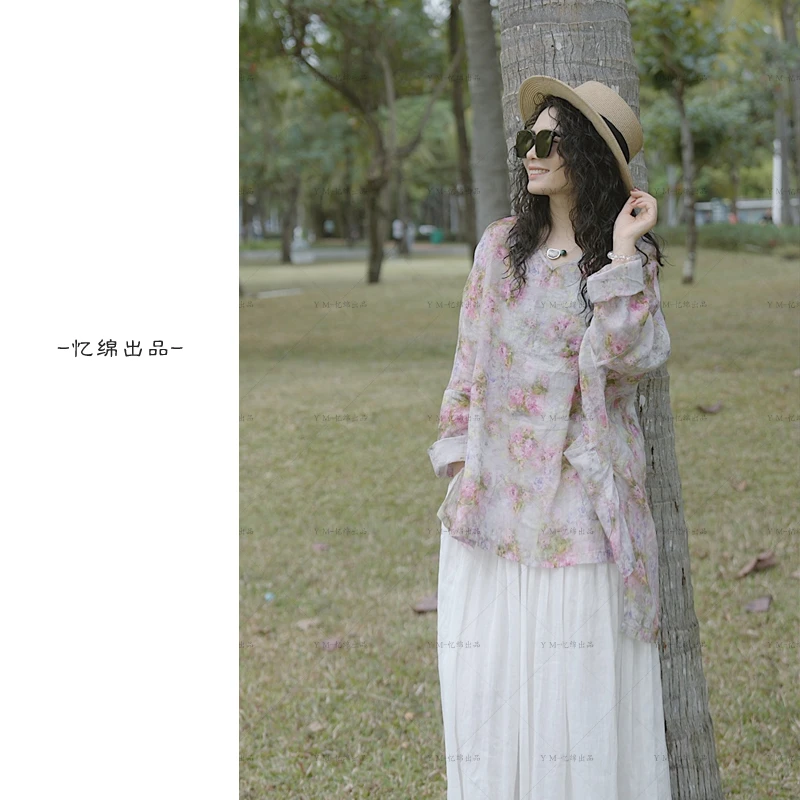 忆绵出品v领2014宽松减龄苎麻清新印花百搭上衣