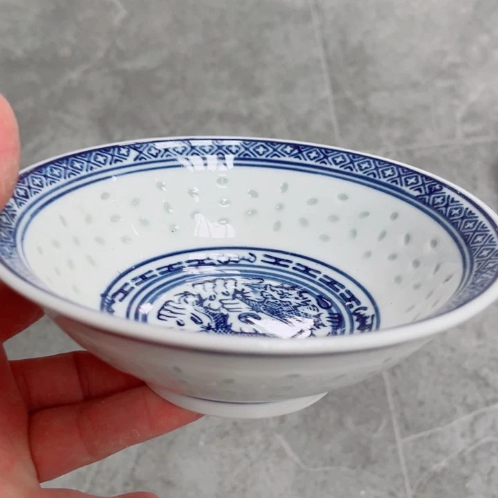 青花玲珑6寸面碗荷叶边龙