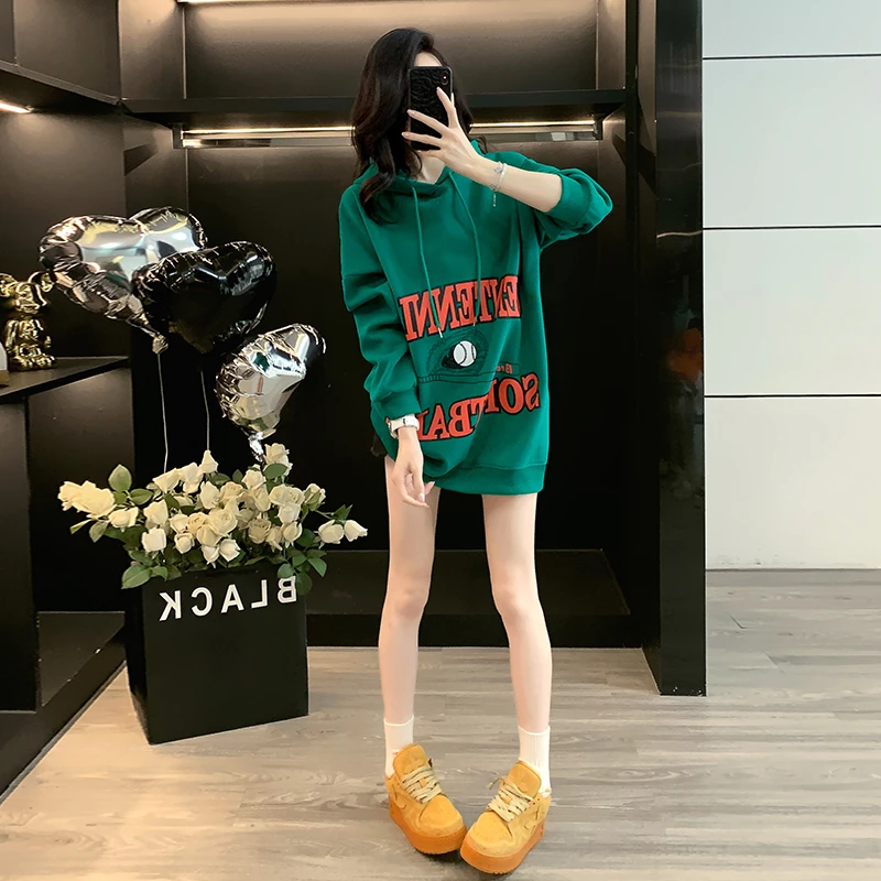 欧货2025秋冬新款时尚印花中长款宽松连帽绿色卫衣外套女ins超火