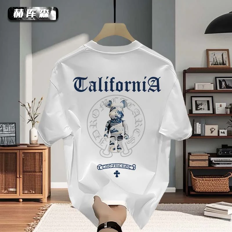 赫库森短袖宽松圆领男士T恤韩版设计印花高质感夏季纯棉潮流上衣