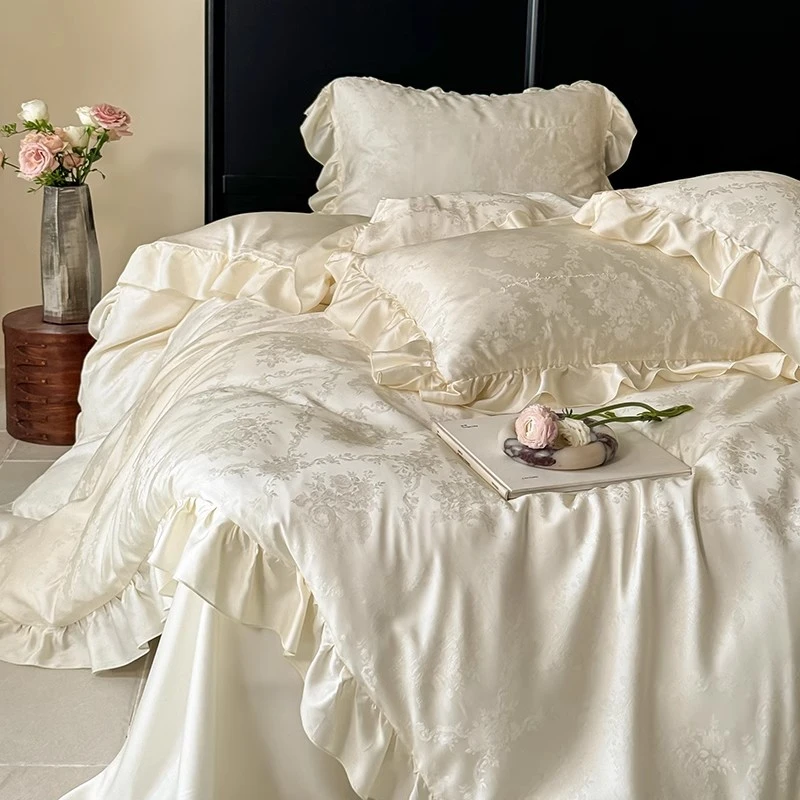 莫奈花园 春夏季法式双面天丝提花四件套浪漫荷叶花边被套凉感