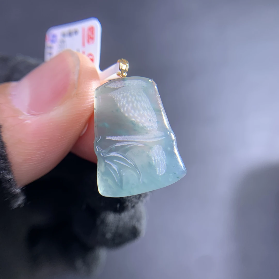 天然A货翡翠竹节753172高冰种18K金镶嵌时尚挂坠吊坠挂件
