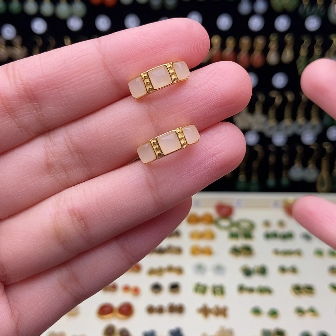 和田玉银S925镀金镶嵌耳饰