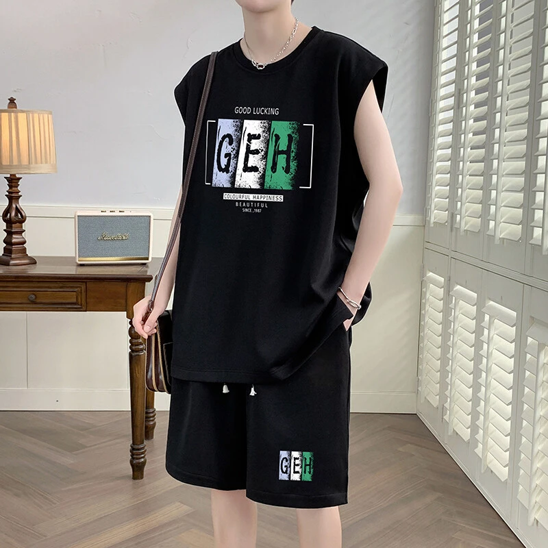 夏季青少年背心T恤短裤时尚套装运动休闲百搭两件套学生宽松潮流