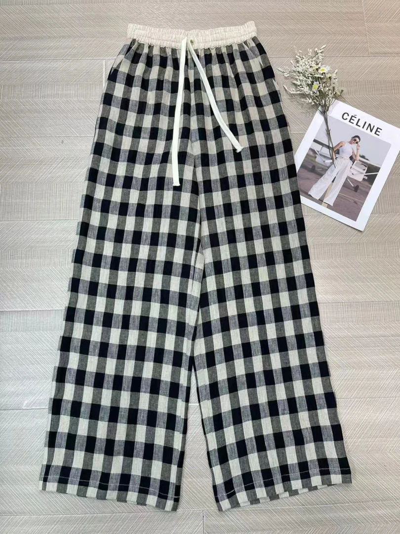 9651#深圳南油25夏季新款时尚亚麻松紧腰抽绳格子百搭休闲裤女